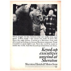 1966 Sheraton Hotels Motor Inns Keyed Up Executives Unwind Vintage Print Ad